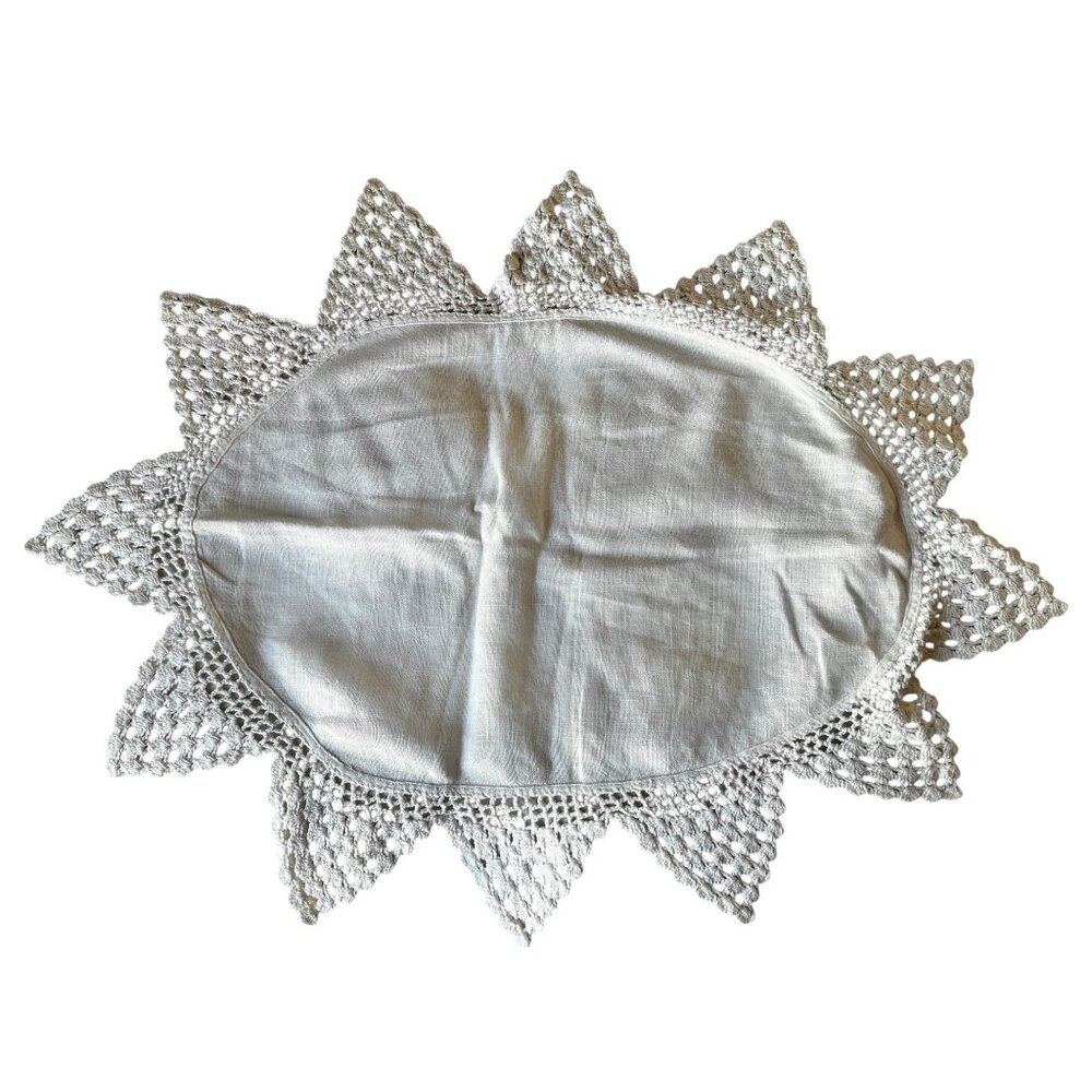 Handcrafted Linen & Crochet Doily Cream Centerpiece 26x20 Wedding Country Core